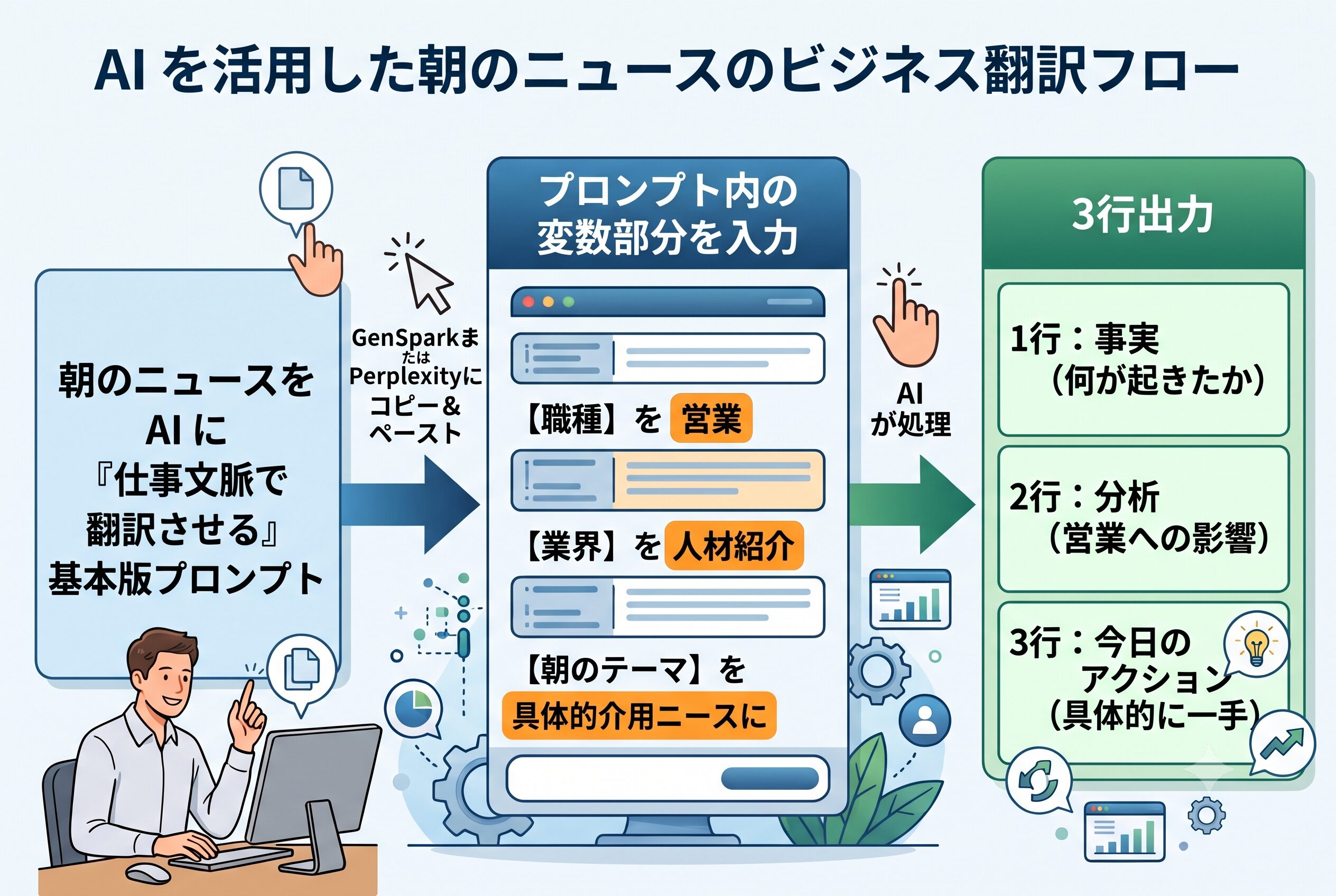 AIを活用した朝のニュースのビジネス翻訳フロー